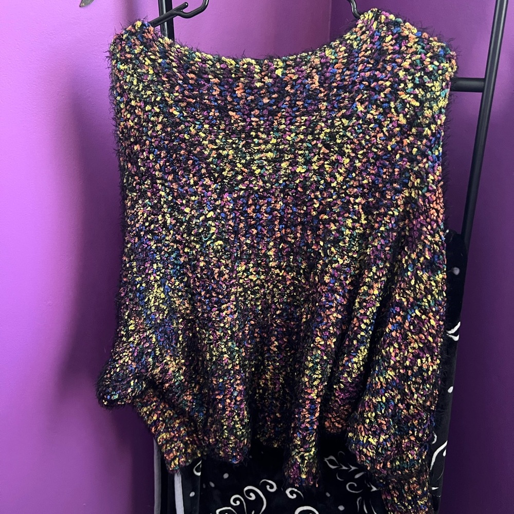 Multi-coloured crochet sweater with a boho vibe
